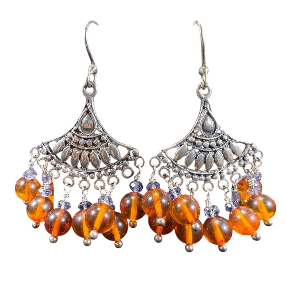 Sterling Silver 925 Orange Beaded Dangle Hook Earrings 10.9 grams BOHO